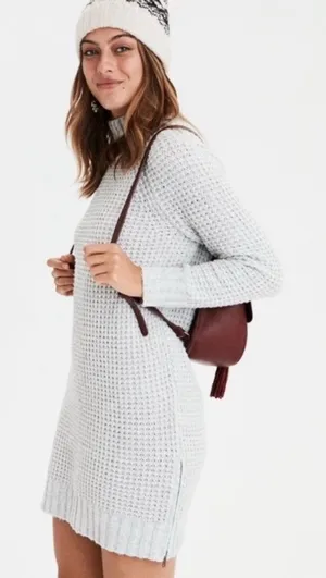 American Eagle Gray Waffle Knit Mock Neck Sweater Dress Long Sleeve‎ thumbnail 1