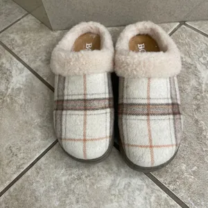Born Womens Plaid Wool Blend Faux Fur size 8 Slippers Cream Tan Brown Mules thumbnail 5