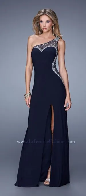 La Femme One Shoulder Sheer Rhinestone Formal Maxi Dress in Navy Blue Size 0 thumbnail 1