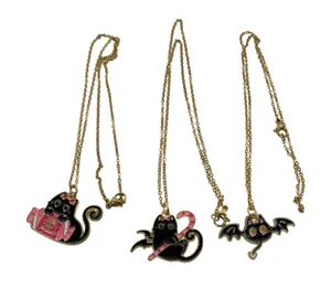 3pc Black Cat Enamel Necklace Set Halloween Spooky Cute Bat Cat Gold Tone Chain thumbnail 1