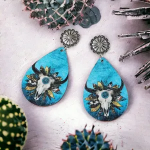 Handmade Wooden double sided western‎ style retro bullhead waterdrop dangle earrings thumbnail 7