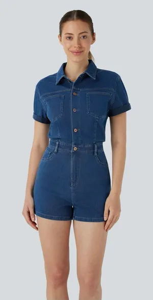 Halara HalaraFlex Denim Romper XS Short Sleeve Utility Stretch Shorts Jumpsuit Pockets thumbnail 1