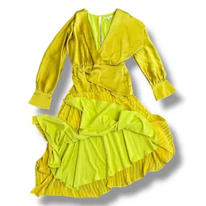 Chartreuse Pleated Wrap Dress Long Sleeve Asym Hem Midi Yellow Women‎ thumbnail 8