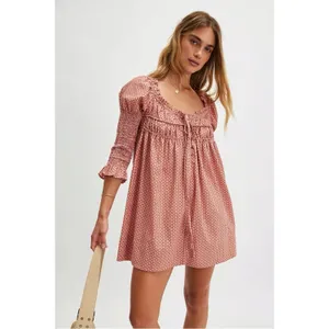 Free People Retro 70s Babydoll Star Dip Mini Dress in Red Combo Size Medium thumbnail 6