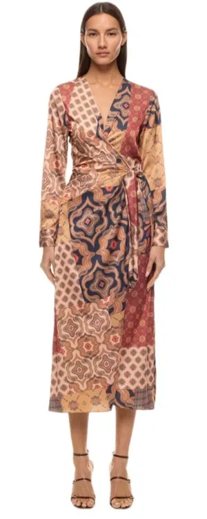 MISA Los Angeles Multicolor Elixa Satin Patchwork Wrap Midi Dress Size Small thumbnail 1