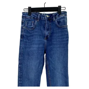 ZARA Flared High Rise Straight Leg Raw Hem Broken In Jean Zip 2 Dark Blue Wash thumbnail 3