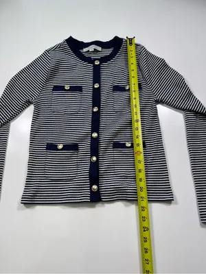LOFT Navy and White Striped Cardigan with Gold Buttons thumbnail 3
