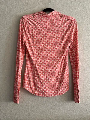 Tory Burch Silk Chain Link Geometric Button Down Blouse Coral Small Pink Career thumbnail 7