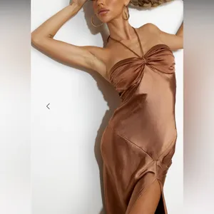 Hello Molly NWT Strapless Satin Dress in Rich Brown thumbnail 4