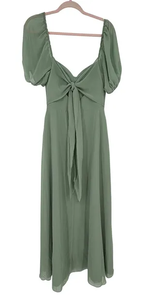 Barbie x Azazie Sage Green Pistachio Chiffon Puff Sleeve Tie Front Maxi Dress A4 thumbnail 1