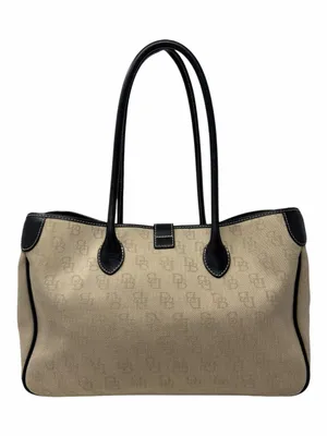 Dooney & Bourke Monogram Canvas Tote Bag Beige Black Leather Shoulder Bag thumbnail 4