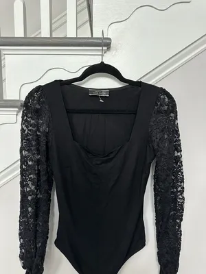 Blue Blush Women’s Long Sleeve Lace Square Neck Bodysuit Black Medium thumbnail 5