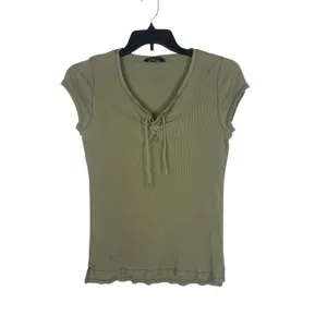 Ralph Lauren Y2K Ribbed Lace Up Top Womens L Sage Green Short Sleeve Grunge thumbnail 4