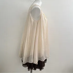 NEW Anthropologie Ryu Pleated Ruffle Babydoll Dress SMALL Sleeveless Beige/Brown thumbnail 8