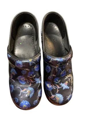 Dansko wms black blue floral leather nursing mules clogs sz 38/7.5-8 SKU 10-213 thumbnail 15