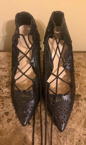 Charlotte Russe Black Laser-Cut Lace-Up Pointed Flats thumbnail 1