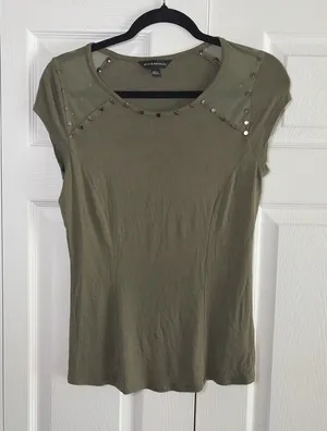 Rock & Republic Studded Mesh Top Womens Size S Olive Green Edgy Rocker Punk Alt thumbnail 1