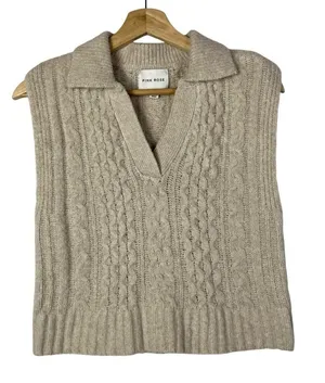 Pink‎ Rose Cream Cable Knit V-Neck Sleeveless Sweater S thumbnail 1