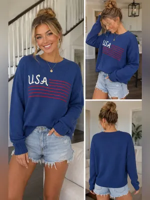 Le Lis USA Flag Knit Sweater Navy Red White Patriotic Pullover NWT thumbnail 2