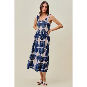 SO ME Abstract Print Smocked Bodice Tiered Lined Midi Dress - Navy - Medium thumbnail 4