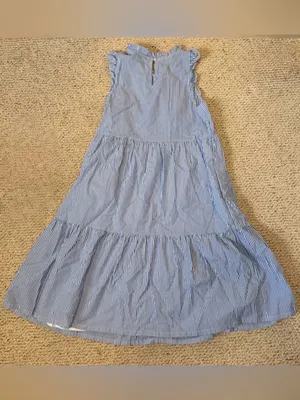 J.Crew Seersucker Coastal Blue White Stripe‎ Tiered Midi Dress Pockets 4P thumbnail 4