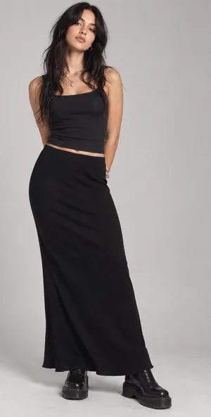 Miss Selfridge Black Ribbed Maxi Skirt Sz 6 Stretch Flare Witchy Grunge 90s Goth thumbnail 1