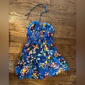 Anthropologie Emily Halter Mini Dress Small Floral Cut Out Ruched Open Back Blue thumbnail 4