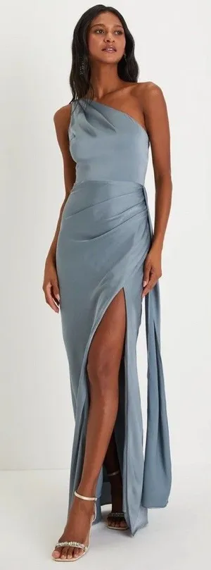 Lulus Signature Elegance Slate Blue Satin One-Shoulder Maxi Dress size Medium thumbnail 1