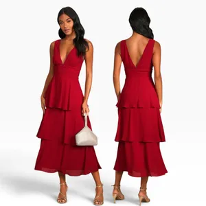 Lulus Celebration Time Red Sleeveless Tiered Midi Dress size Medium NWT thumbnail 2
