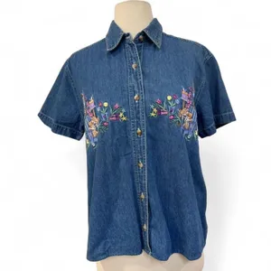Floral Cat Embroidered Denim Shirt Small Jean Short Sleeve Boho Cottagecore thumbnail 2