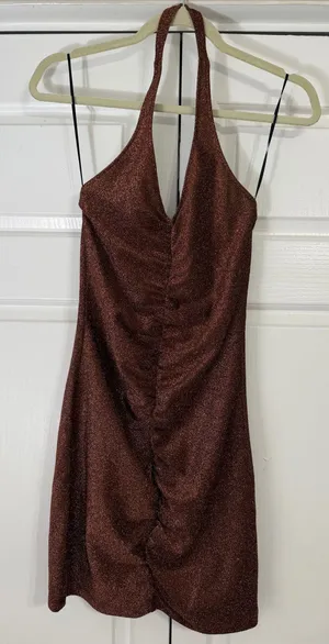 Bronze Glittery Halter Mini Dress Brown Size XS thumbnail 1