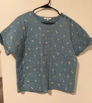 Madewell Quilted Button Shoulder Top Blue Floral 100% Cotton thumbnail 1