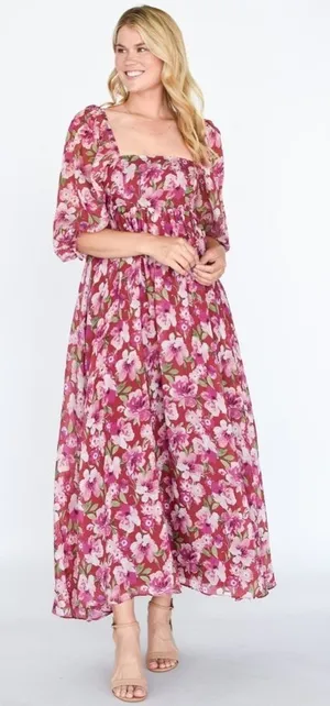 NWT Storia floral maxi dress wedding guest puff sleeve square neck burgundy thumbnail 1