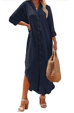 NEW Casual Button Down Maxi Dress Cover Up L thumbnail 1
