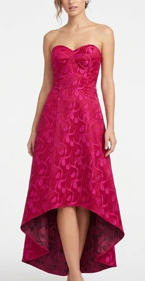 Bebe Fuchsia Pink Floral Jacquard Strapless High-Low Prom Formal Dress Size 10 thumbnail 1