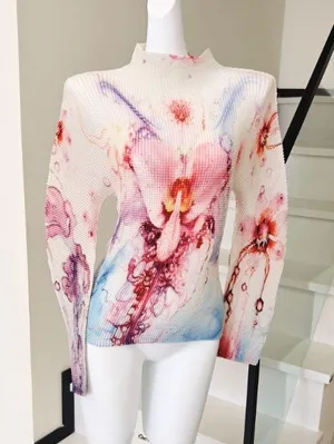 Watercolor Floral Print Pleated Long Sleeve Top Mock thumbnail 1