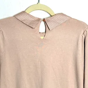 Adrianna Papell Knit Top Sz M Pink Polka Dot Peter Pan Collar Puff Sleeve Blouse thumbnail 6