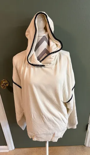 American Eagle Outfitters Cream Hooded Sweater with Black Trim thumbnail 1
