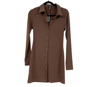 AFRM Brown Ribbed Long Sleeve Button Down Shirt Dress Mini Womens S Preppy Fall thumbnail 2