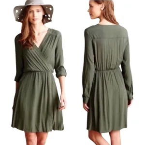 Maeve Anthropologie Dress Women XS Olive Green Faux Wrap Mini Preppy‎ Boho Retro thumbnail 2