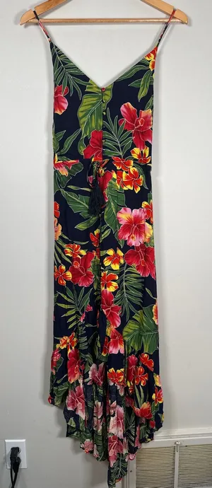 Lulus PURA VIDA NAVY BLUE TROPICAL PRINT BUTTON-UP HIGH-LOW MIDI DRESS‎ Small thumbnail 1
