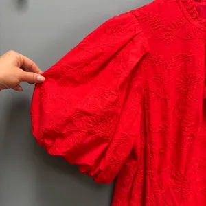 Eliza J Floral Embroidered Puff Sleeve Cotton Fit & Flare Dress in Red 14 thumbnail 8