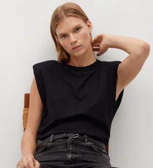 NEW Mango MNG Shoulder Pad T-Shirt Crewneck Cotton in Black Women's XS S thumbnail 10