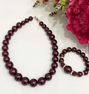 Burgundy Glass Pearl Necklace/Bracelet Set thumbnail 2