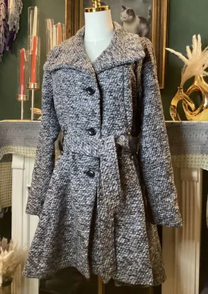 Yoki Womens Black White Boucle Knit Belted Trench Coat Jacket Size M JW2521 thumbnail 1