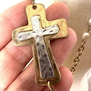 Silver and gold tone fresh water pearl long cross necklace thumbnail 2