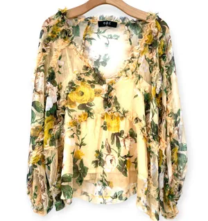 Anthropologie O.P.T | L| Rhea Top Floral Long Sleeves Sheer Chiffon Blouse Ruff thumbnail 1