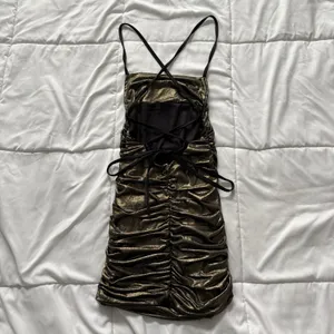 Lucy in the Sky‎ Mini Dress Womens Size XS Bodycon Lace Up Gold Shimmer Feminine thumbnail 5