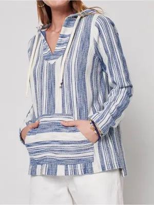 Faherty Islet Striped Poncho XS Blue Cream Hooded Coastal Baja Pullover‎ Sweater thumbnail 8
