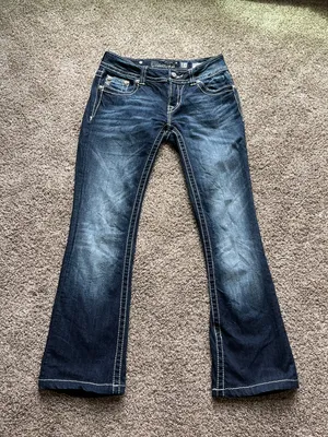 Y2K Miss Me Bootcut Jeans Blue Rhinestone Wing Back Pocket Size 27 Cotton thumbnail 1